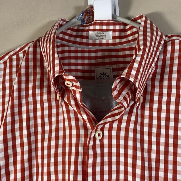 Peter Millar Dress Shirt Red Gingham Plaid Button Men Large Weekender Finish - Picture 2 of 13